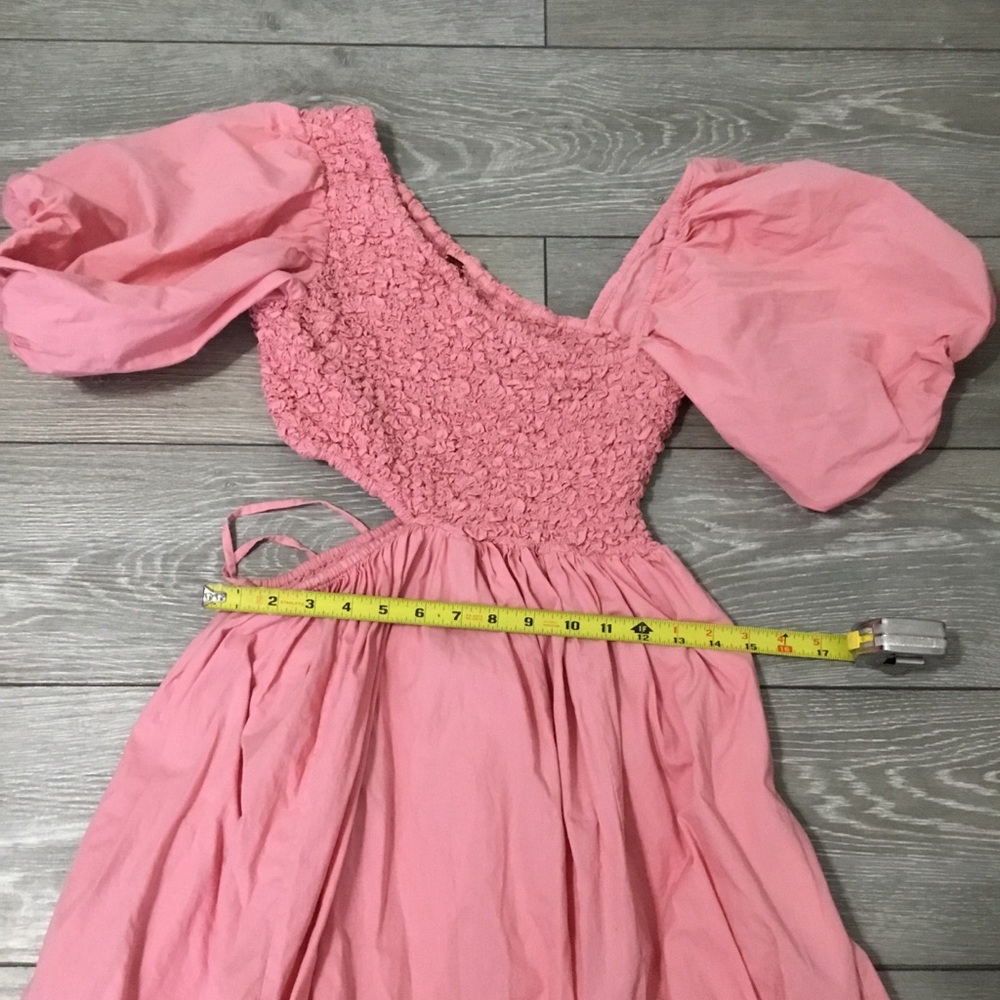 Free People KALINA Smocked Asymmetrical Puff Sleeve Cut Out Midi Dress XS - Picture 9 of 16